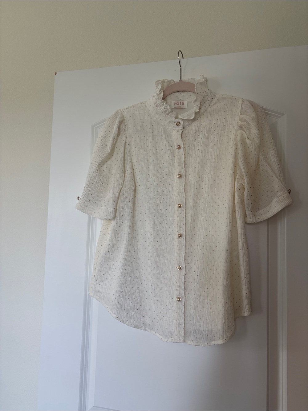 Fate Cream Ruffle-Neck Button Front Blouse with Gold Dots and Gold Buttons